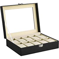 SONGMICS Caja de Relojes con 10 Compartimientos-Estuche de Madera- Tapa de Vidrio- Almohadillas Extraíbles- Forro de…